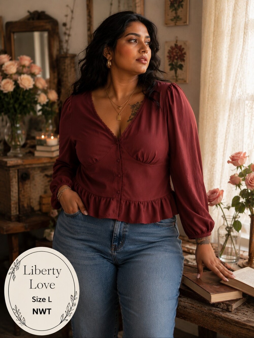 Liberty Love NWT Maroon Ruffle Blouse | Size L
